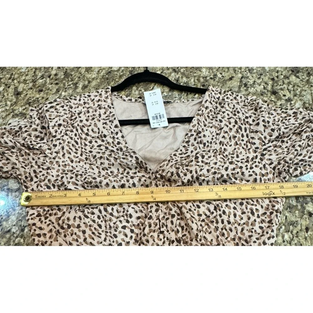 Abercrombie & Fitch Leopard Print Smocked Waist V Neck Puff Tie Sleeve Blouse